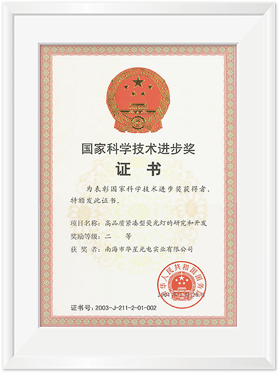 国家科学手艺前进奖证书